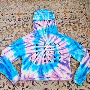 Warner Bro. Women's "Friends" TV Show Crop Hoodie Tye Dye Pullover Shirt, sz LG